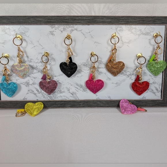 NWOT Rhinestone Heart Keychains or Purse Charm Glitter Crystal Heart with Tassel - Picture 2 of 7